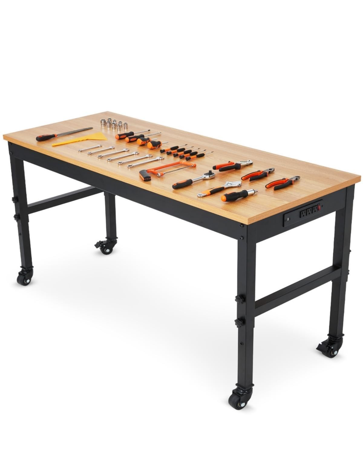 60" Workbench Adjustable Height Work Table with Wheels ,2500 LBS Rubber Wood Top
