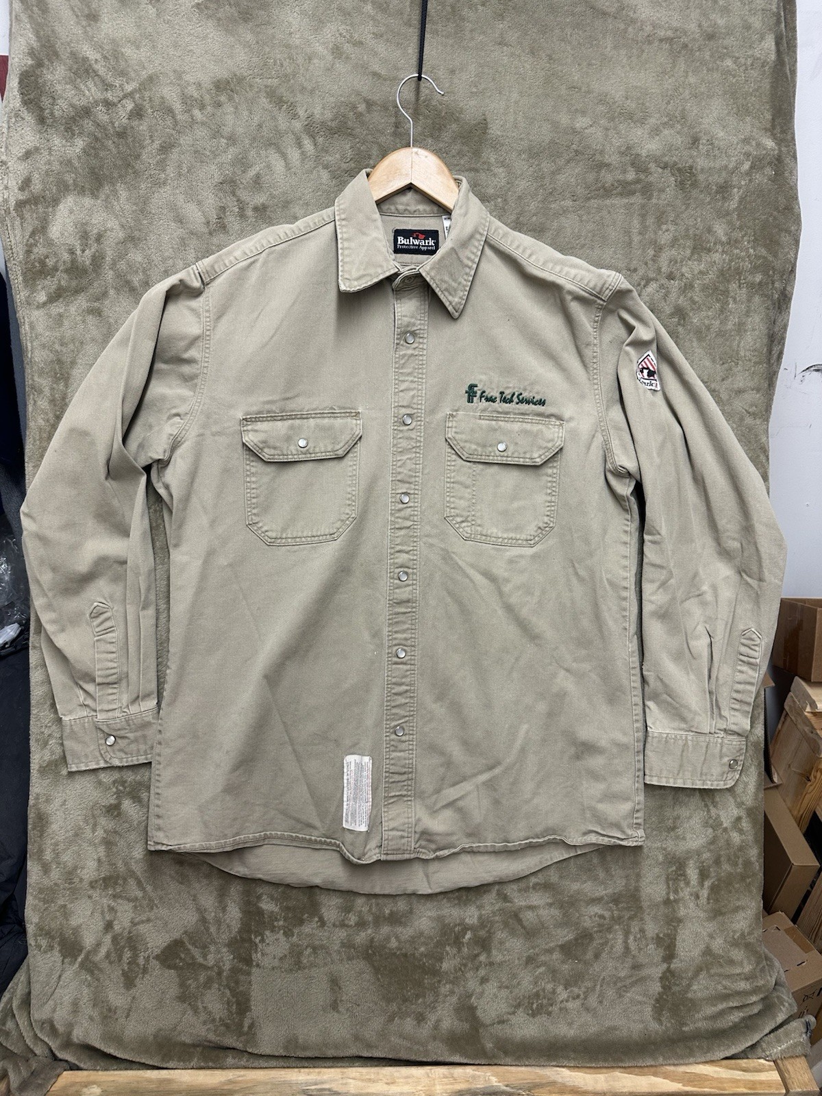 Bulwark FR Shirt Mens L Beige Cotton Twil Pearl Snap Fire Resistant Work