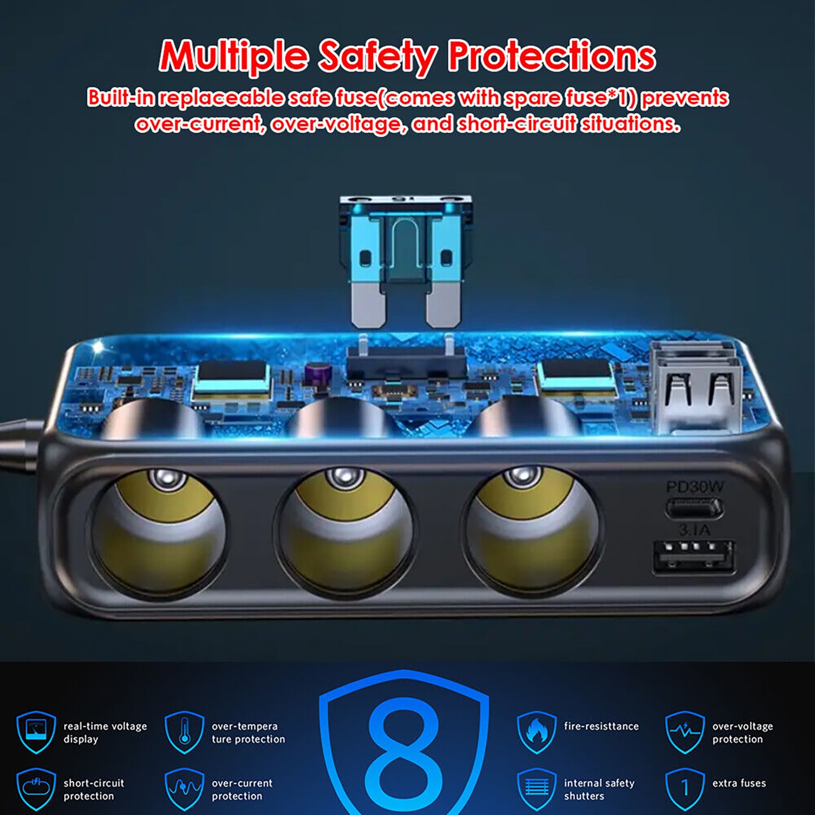 9in 1 Cigarette Lighter Socket Splitter USB-C Fast Charger Power Adapter Outlet