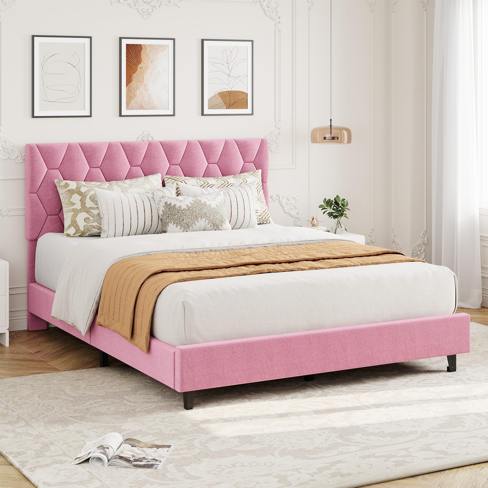 Pink Full Bed Frame w/ Velvet Upholstered Headboard, Platform Bed w/ Wood Slats