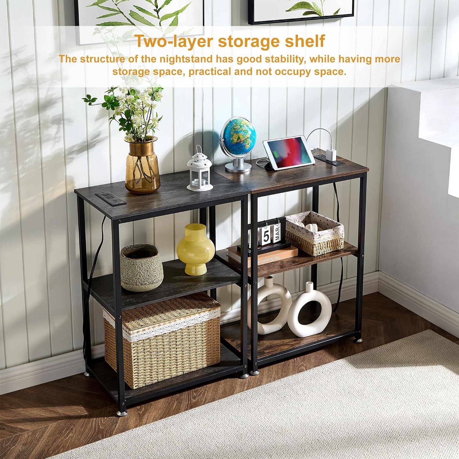 Tall End Table W/ Charging Station Side Table W/ USB Ports & Outlets 30" Height