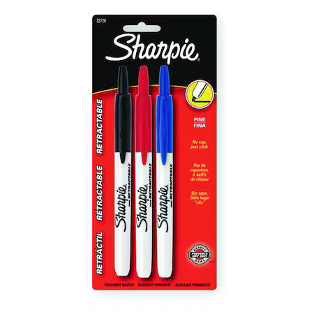 Sharpie 32726Pp Permanent Marker Set, Black, Blue, Red, Fine Tip, Capped, 3 Pk
