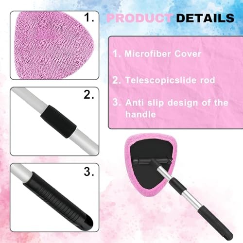 Windshield Cleaning Tool, Car Window Cleaner with Extendable Handle, 4 Pink
