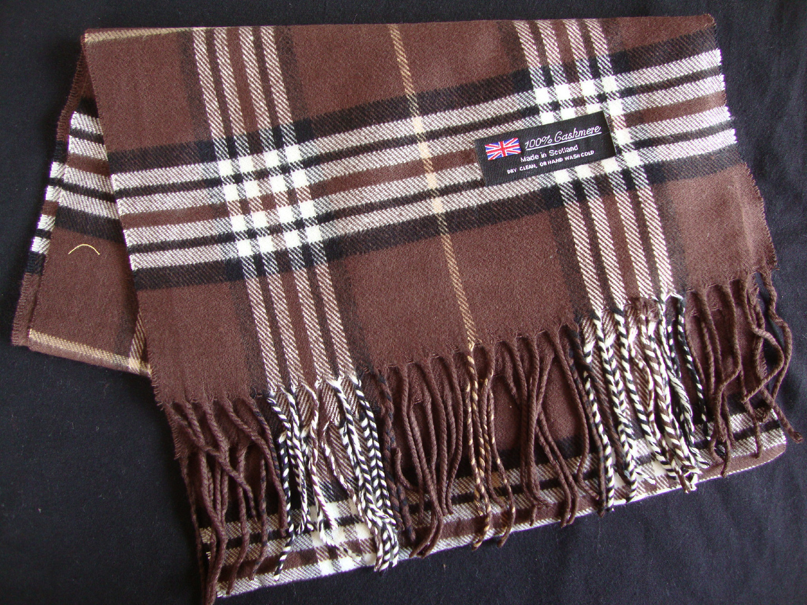 100% Cashmere Winter Scarf Scarve Scotland Plaid Check Choco Brown Black White