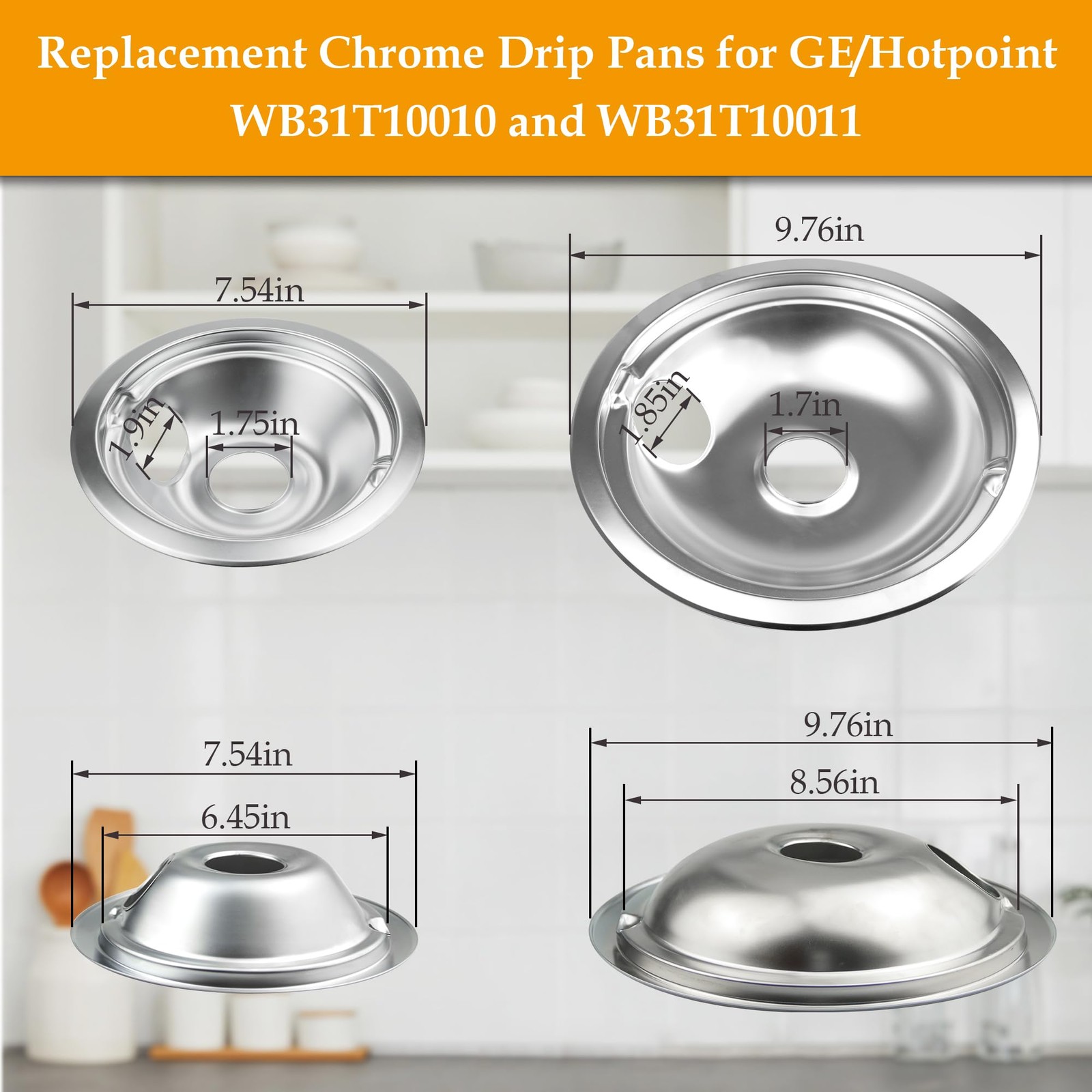 4 Pack (2) 6" & (2) 8" Electric Stove Burner Covers, Drip Chrome Pan Set Repl...