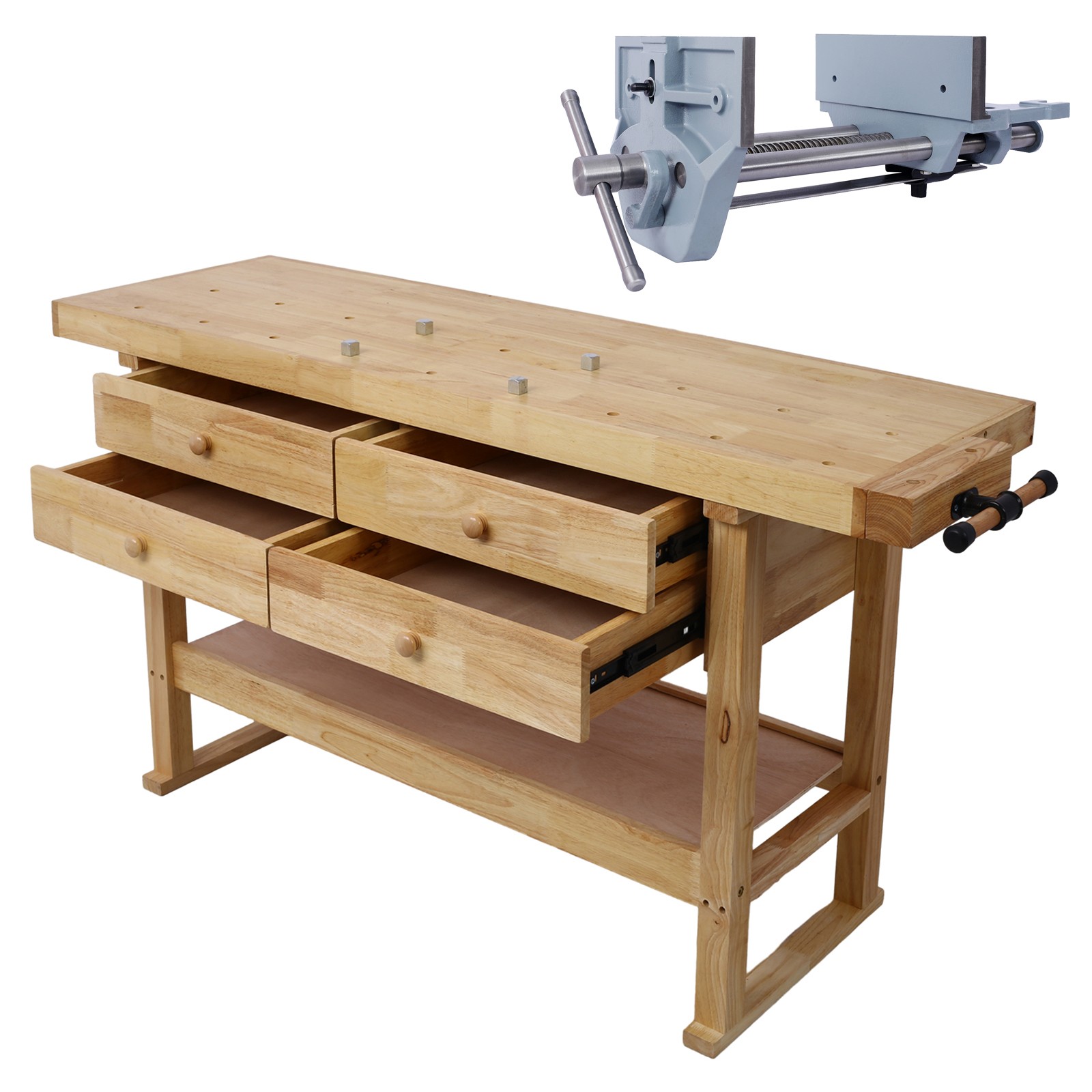 60" Wooden Workbench with 4 Drawers & 9" Cast Iron Vise, Gray
