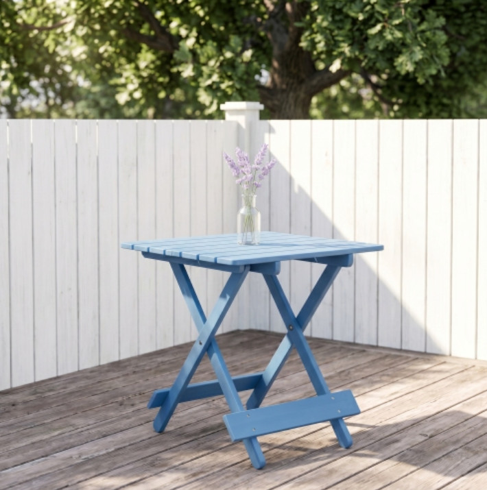 Folding Solid Wood Patio Table Portable Outdoor Square Table Blue Balcony Yard