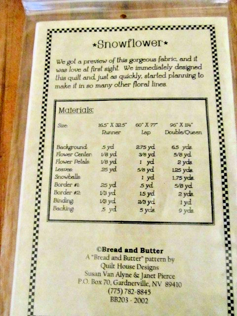 *Bread & Butter Quilts . SNOWFLOWER complete Pattern New In Package