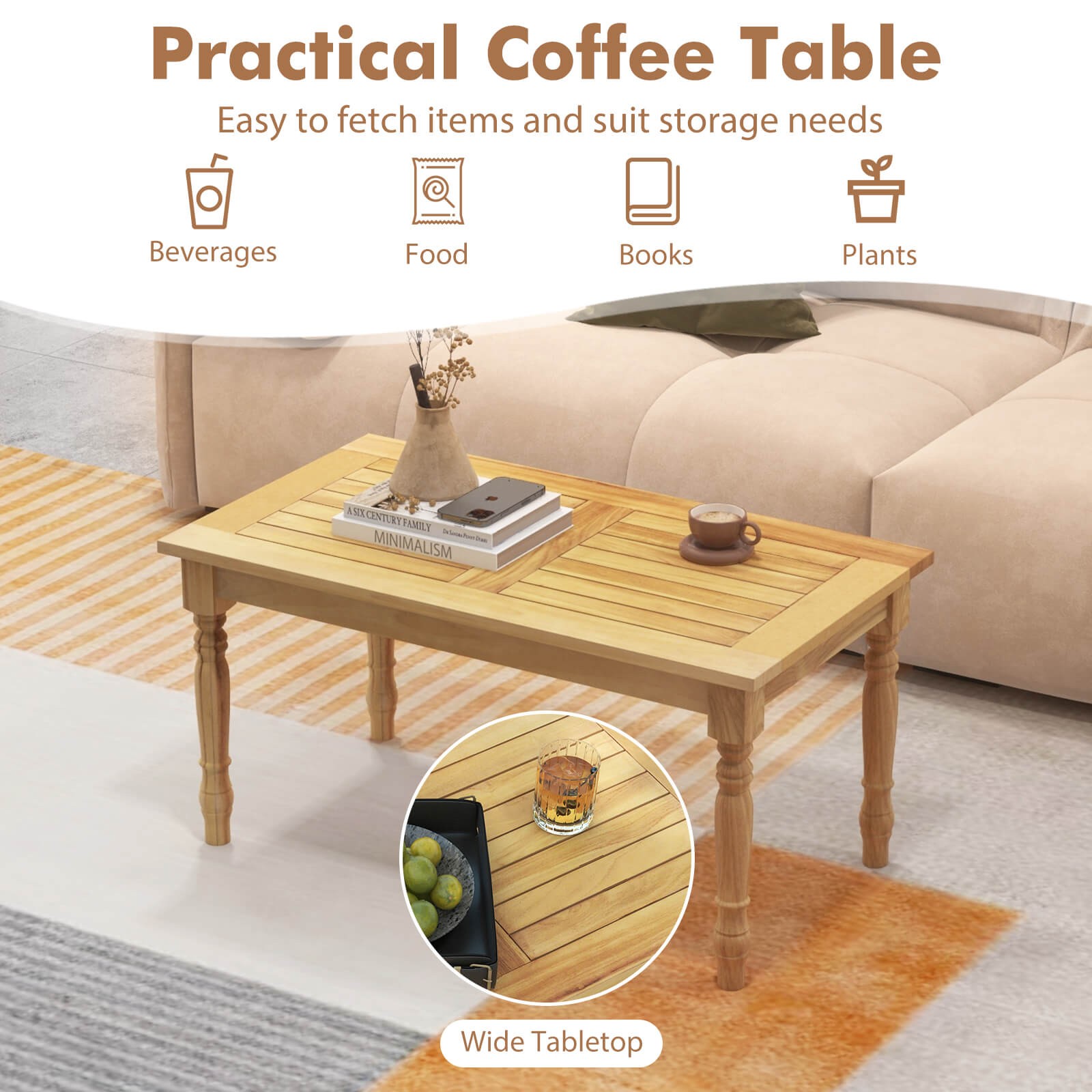 Patio Coffee Table with Solid Teak Wood Structure Slatted Tabletop for Backyard