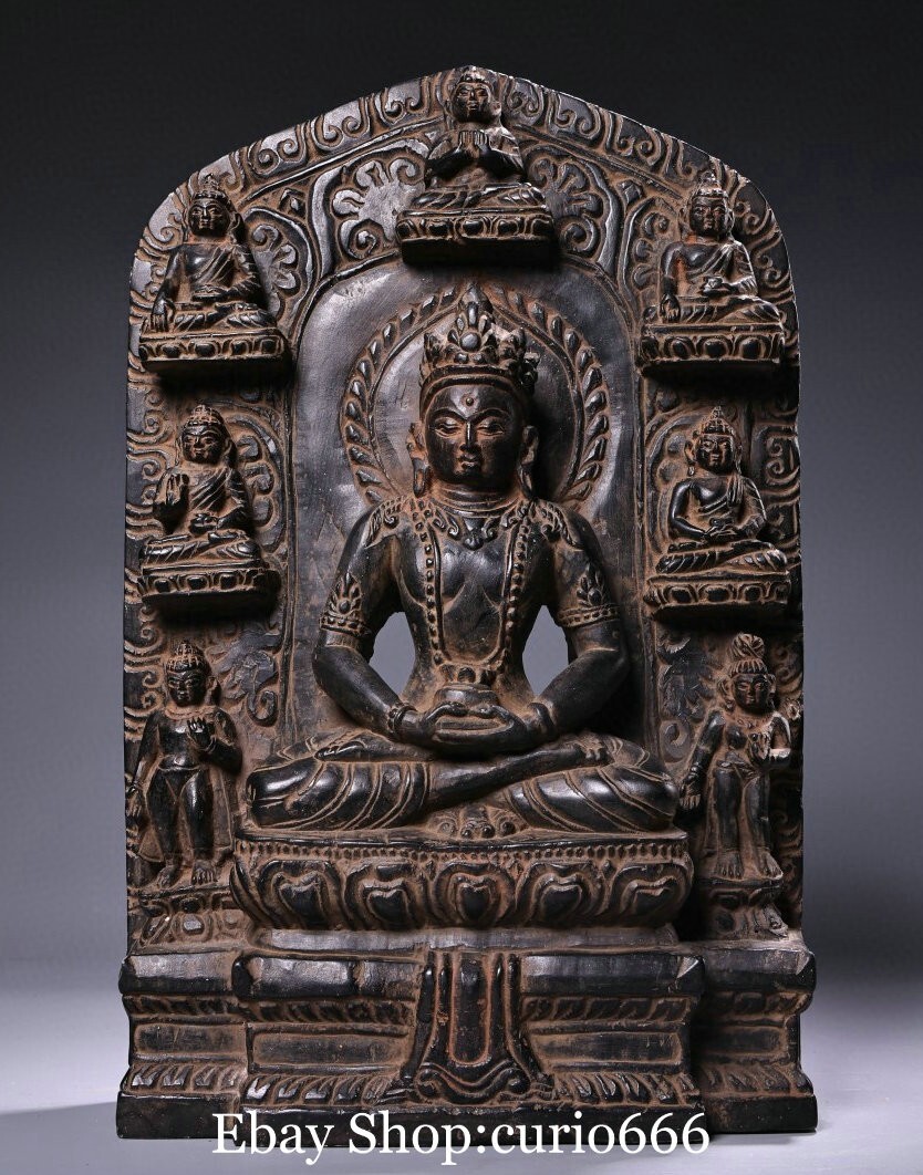 Old Tibet Buddhism Bluestone Carved Amitayus longevity God Goddess Buddha Statue