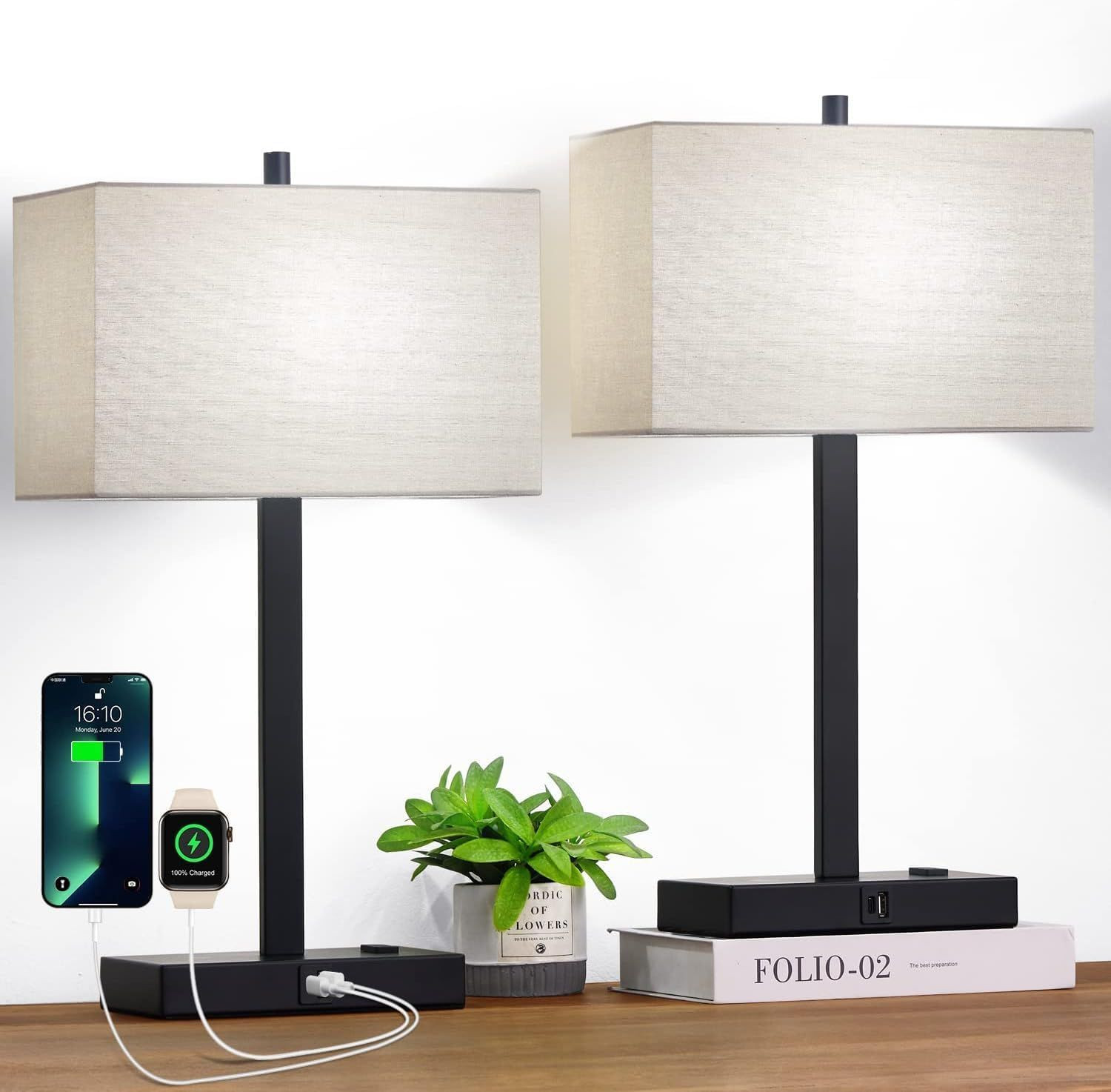 21" Set of 2 Touch Control Table Lamps with 2 Gray Linen & Matte Black(Base)