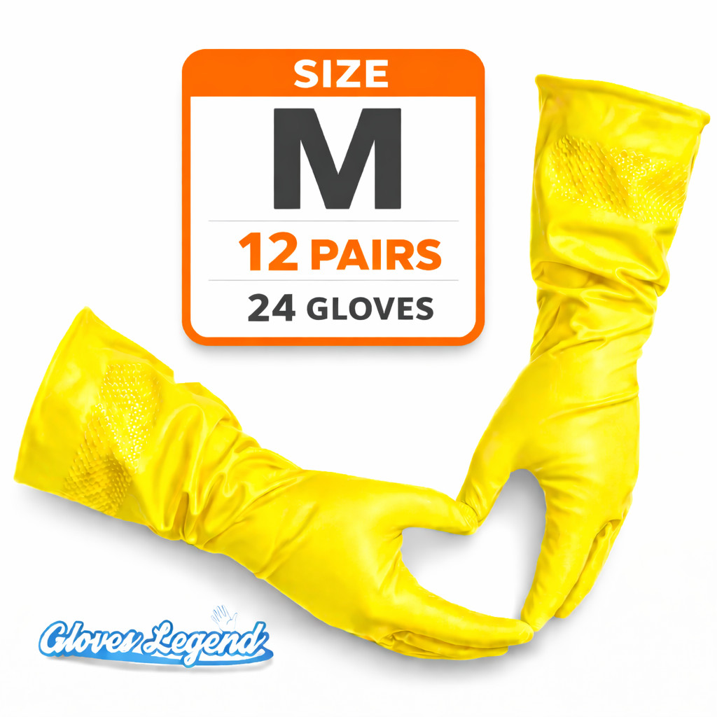 12 Pairs (24 Gloves) Medium Yellow Latex Household Cleaning Dishwashing Gloves