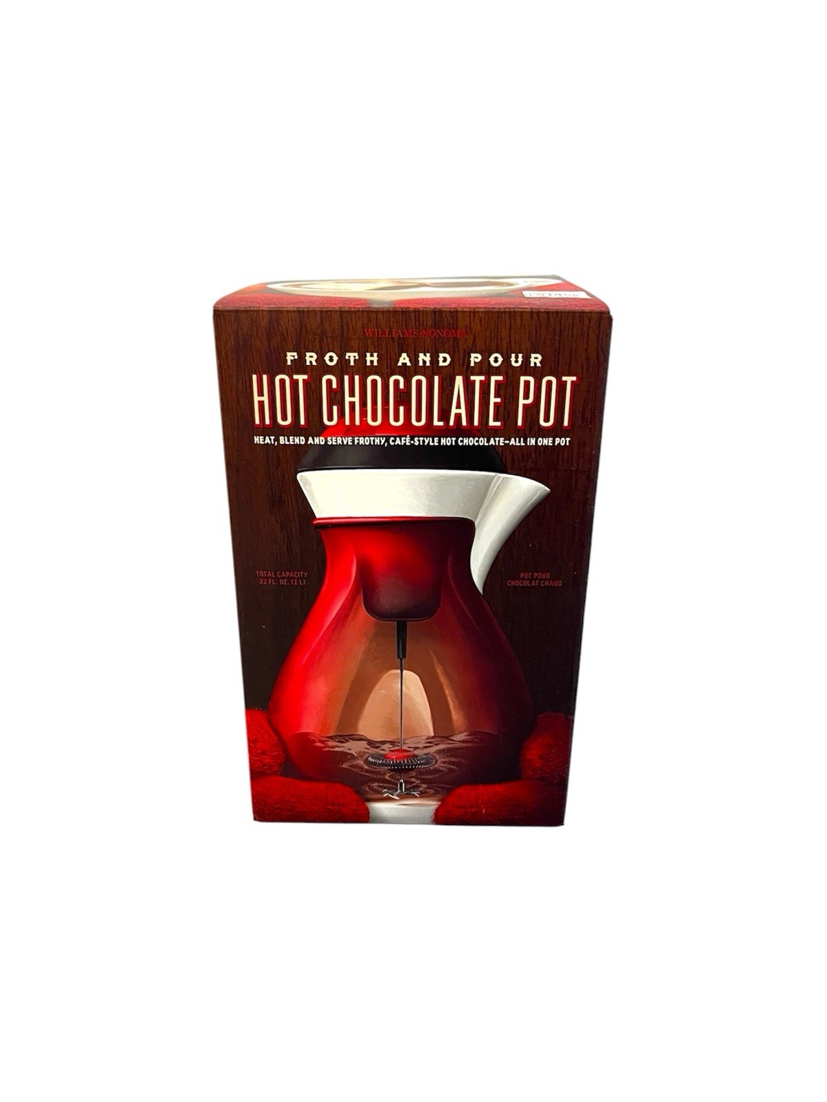 New In Box Williams Sonoma Froth and Pour Hot Chocolate Pot Red & White 32oz