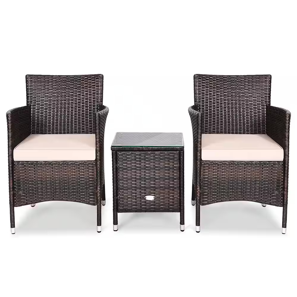 3-Pieces Outdoor Patio Rattan Wicker Furniture Set Yellowish Cushioned Chairs Co