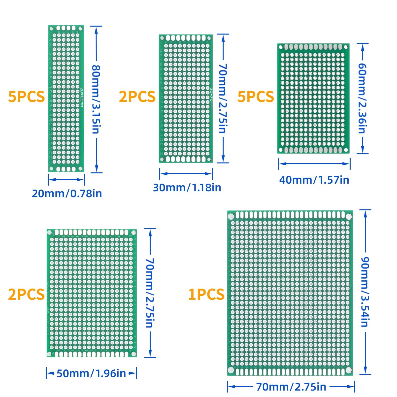 54 Pcs Double Sided PCB Perf Board Kit in 5 Sizes Perfboard Compatible with for
