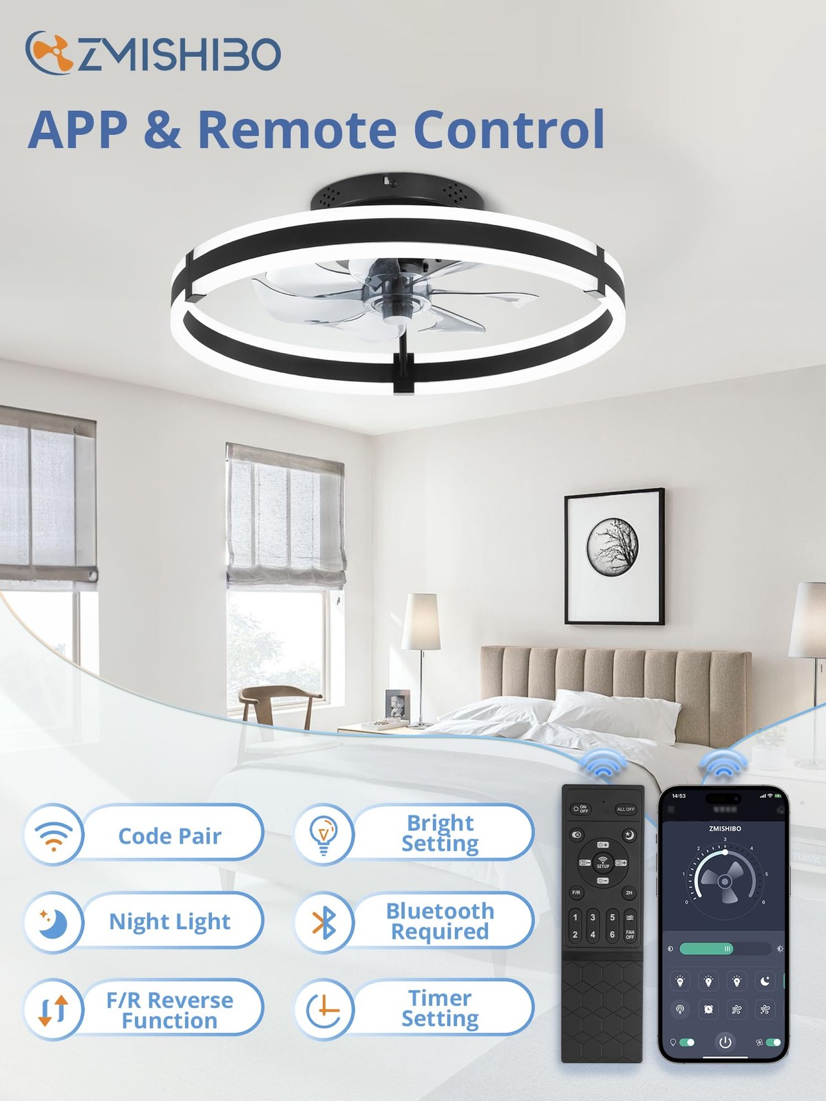 3000-6000K Dimmable Modern Flush Mount LED Fan Light 19.7'' Low Profile Ceiling