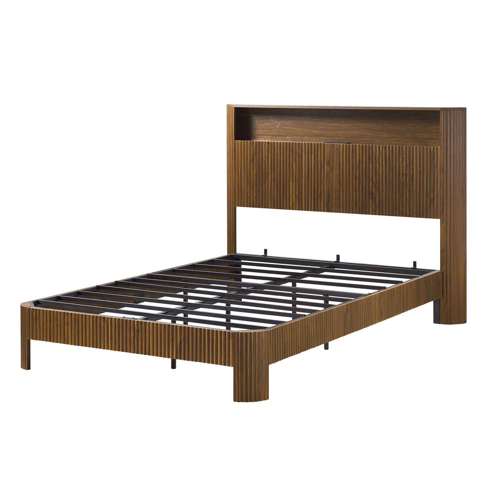 Full XL Bed Frame Storage Headboard Charging Station Metal Support  Walnut