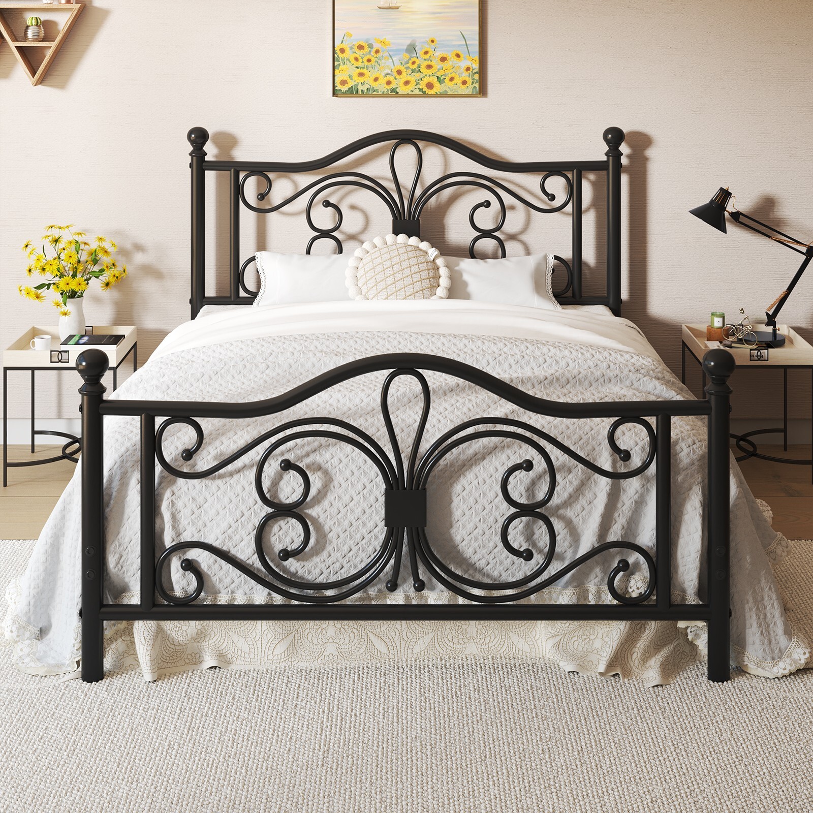 Queen Size Bed Frame with Butterfly Pattern Design Strong Metal Slats Support