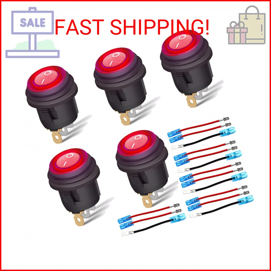 5 Pack SPST 3 Pin ON/Off Waterproof Round Rocker Toggle Switch 12V 20 Amp Red LE