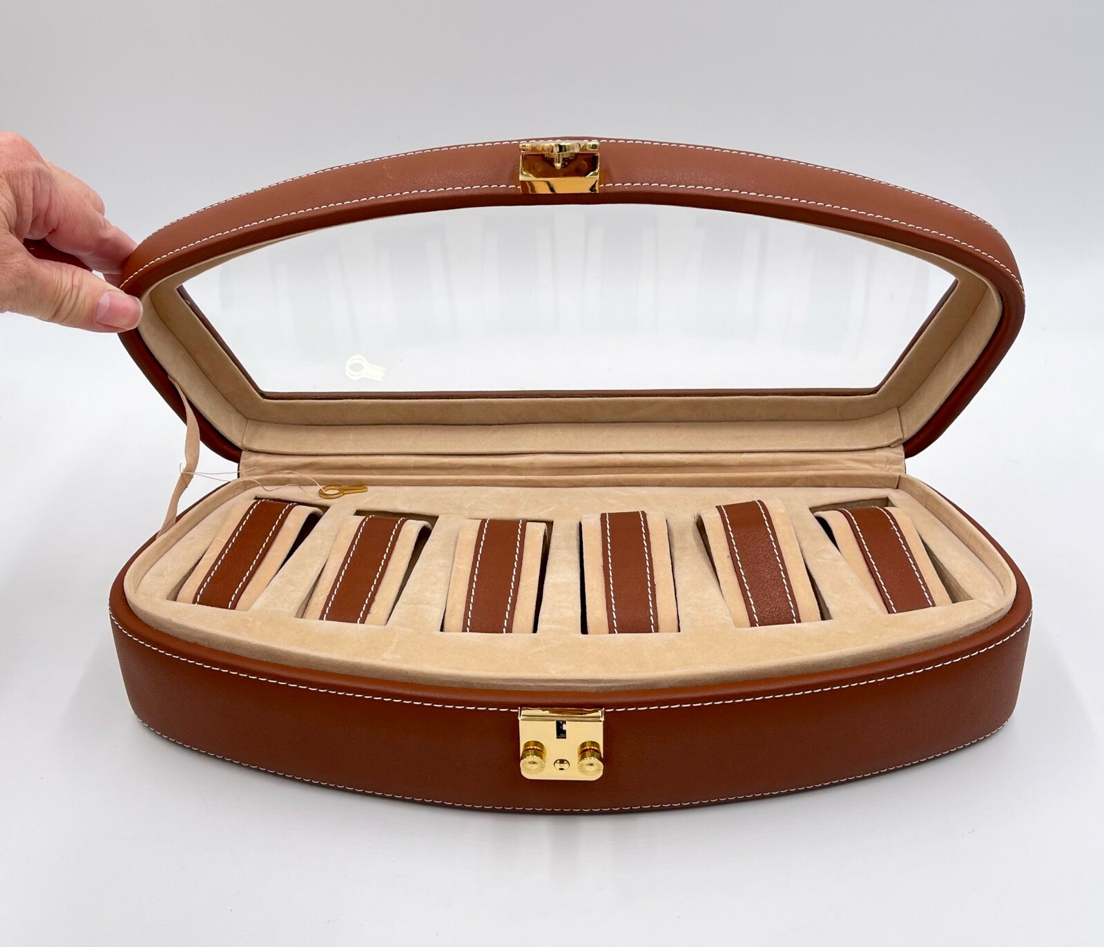 6-Watch Storage Case Box w/ Glass Lid, Frontal Lock, Brown Faux Leather 14"