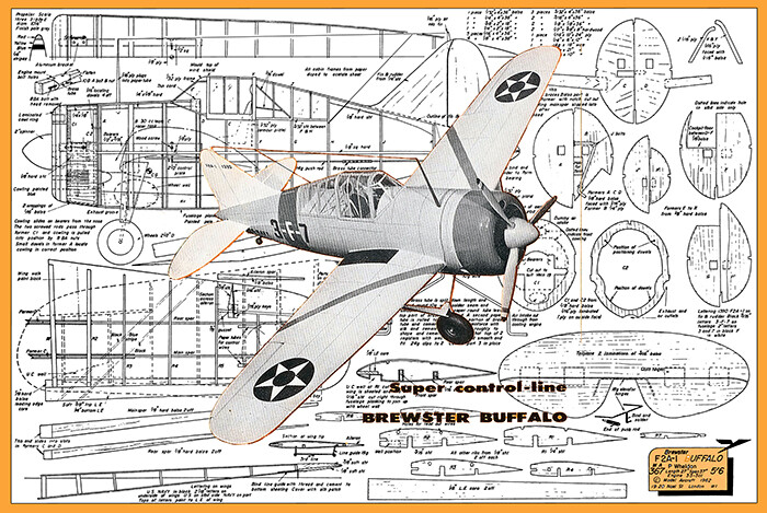 Model Airplane Plans (UC): Brewster F2A-1 Buffalo Super-Scale 37" 3.5-5cc Engine