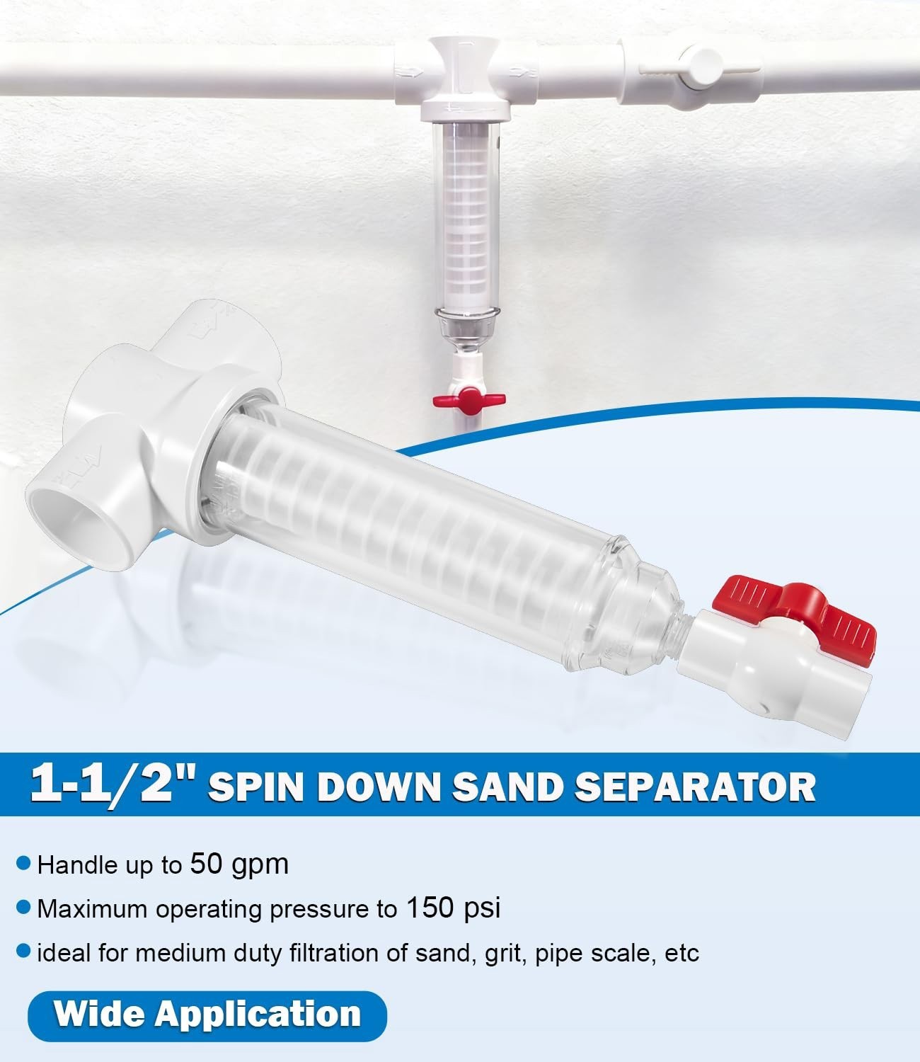 Spin Down Sand Separator 100 Mesh 1.5 Inch PVC Slip 50GPM for Well System Water
