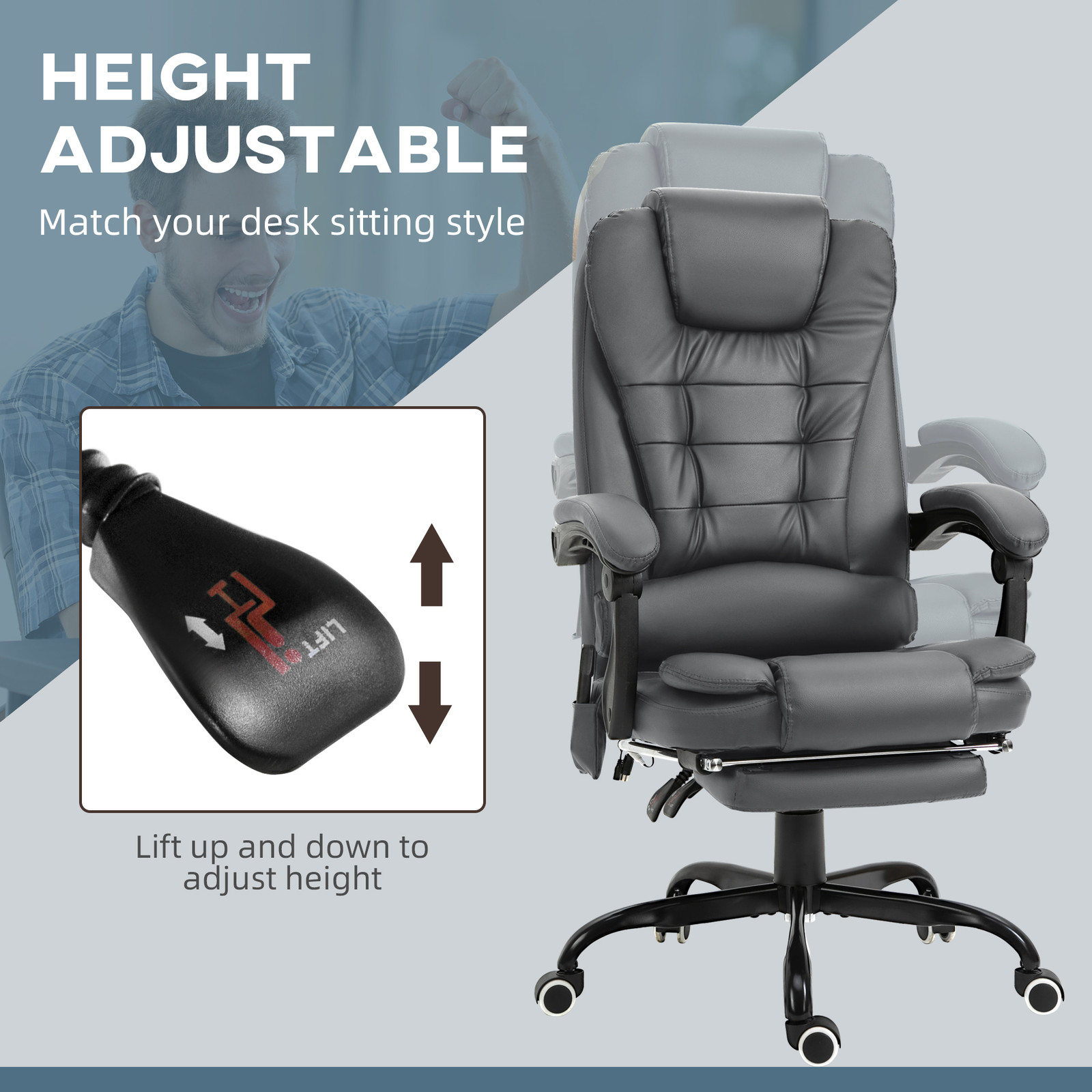 PU Leather Massage Computer Chair w/ Padded Seat and Adjustable Height, Grey