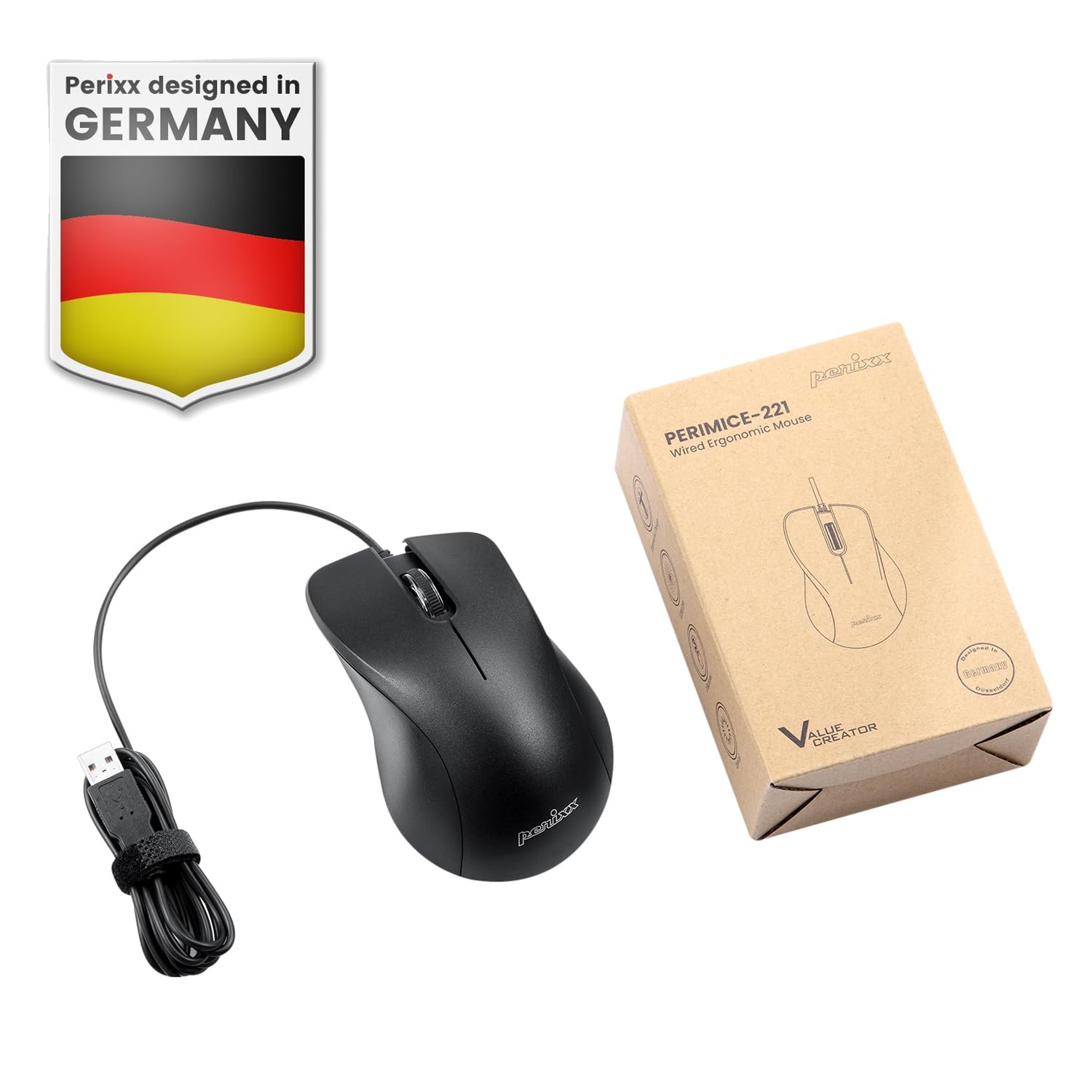 PERIMICE-221U Wired Ergonomic USB Mouse - 4.9 Ft Cable - Optical 1000 DPI Des...