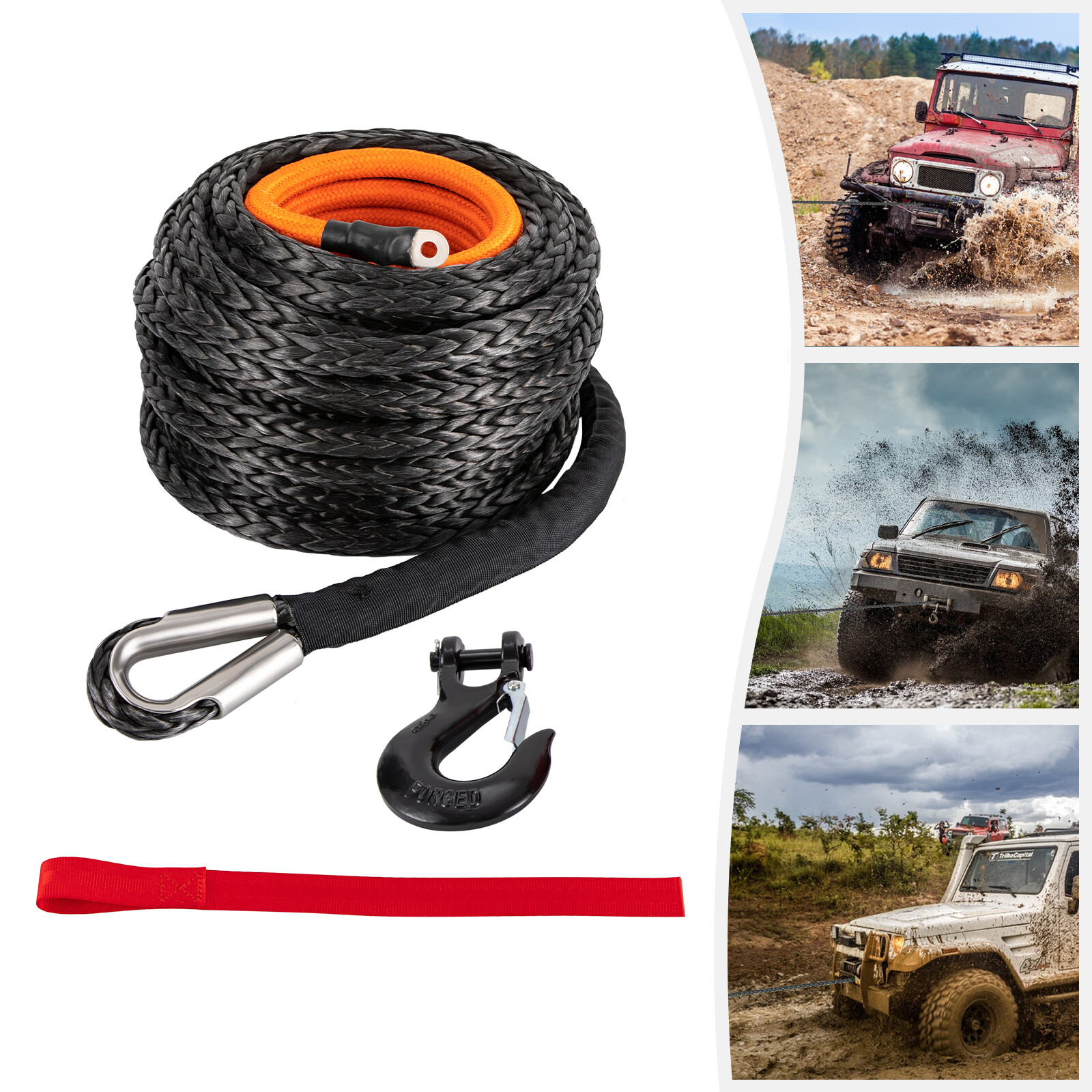 9/16"x76' Synthetic Winch Rope w/ Hook 35000 LBS Car Tow Recovery Cable Tow
