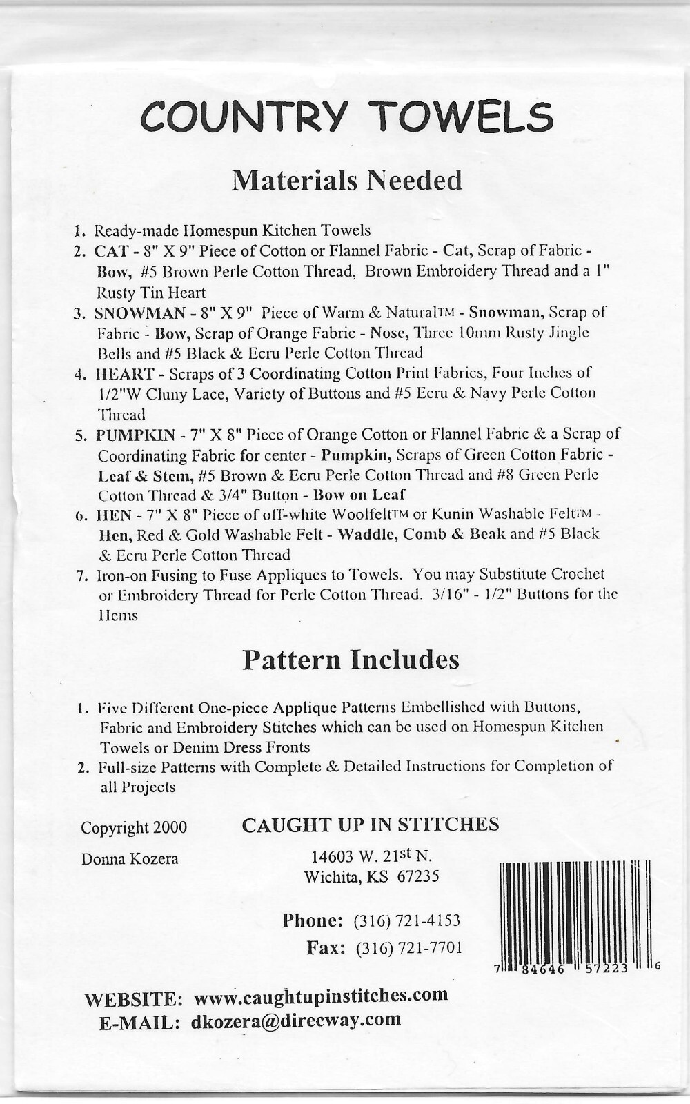 Caught Up In Stitches Sewing Pattern Applique Country Towels 2000