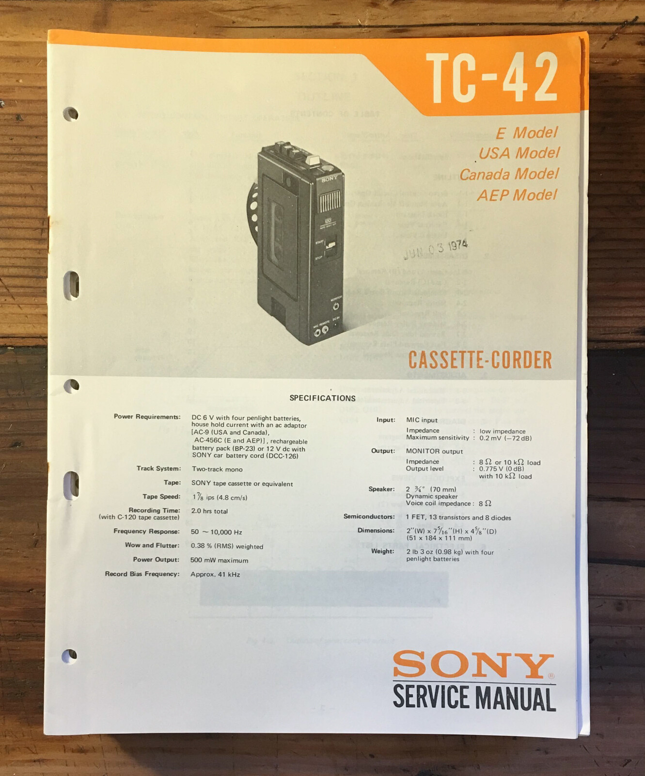 Sony TC-42 Tape Player Service Manual *Original*