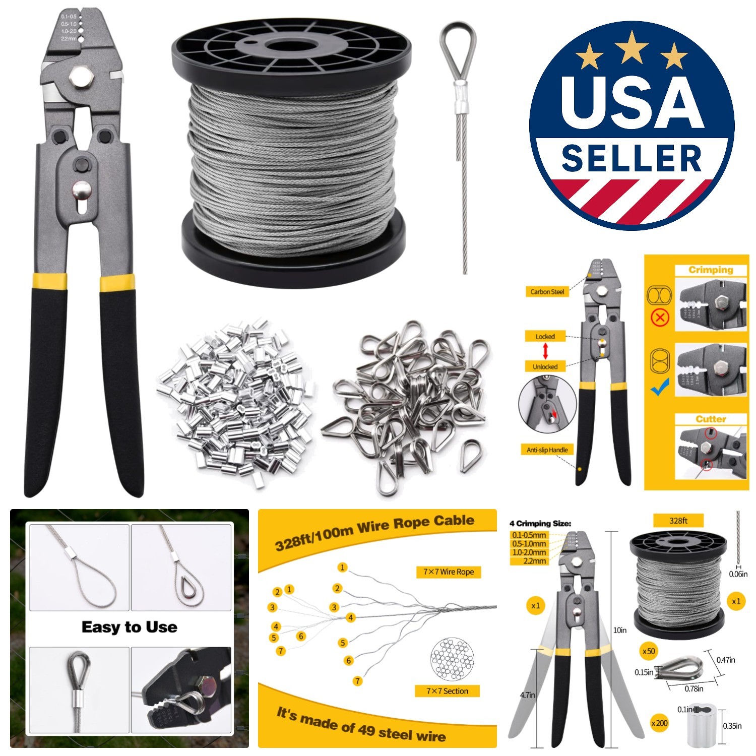 Durable 328ft Stainless Steel Wire Rope Crimper with  Thimbles & Sleeves