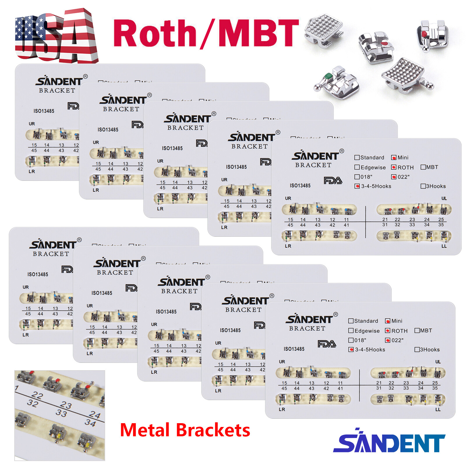 10X USA Dental Ortho Brackets Mini/Standard MBT/Roth 022 Slot Hooks 3/3 4 5
