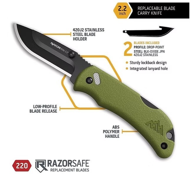 Outdoor Edge 2." Razor EDC Lite OD Green Replaceable Blade Knife 2 Black Blades