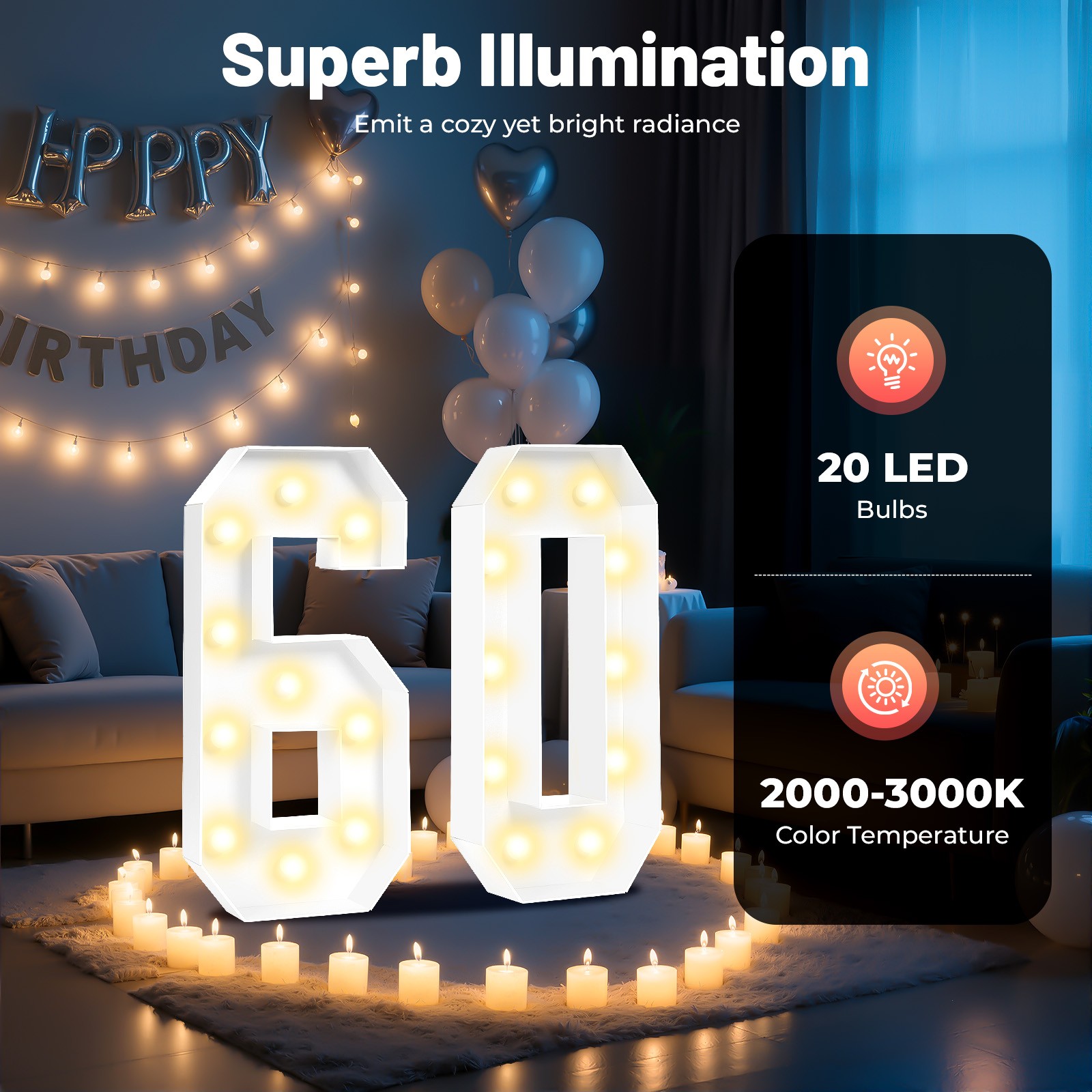 39.37in Height Decorative LED Light Up Numbers, Light Up Number Sign For 60th