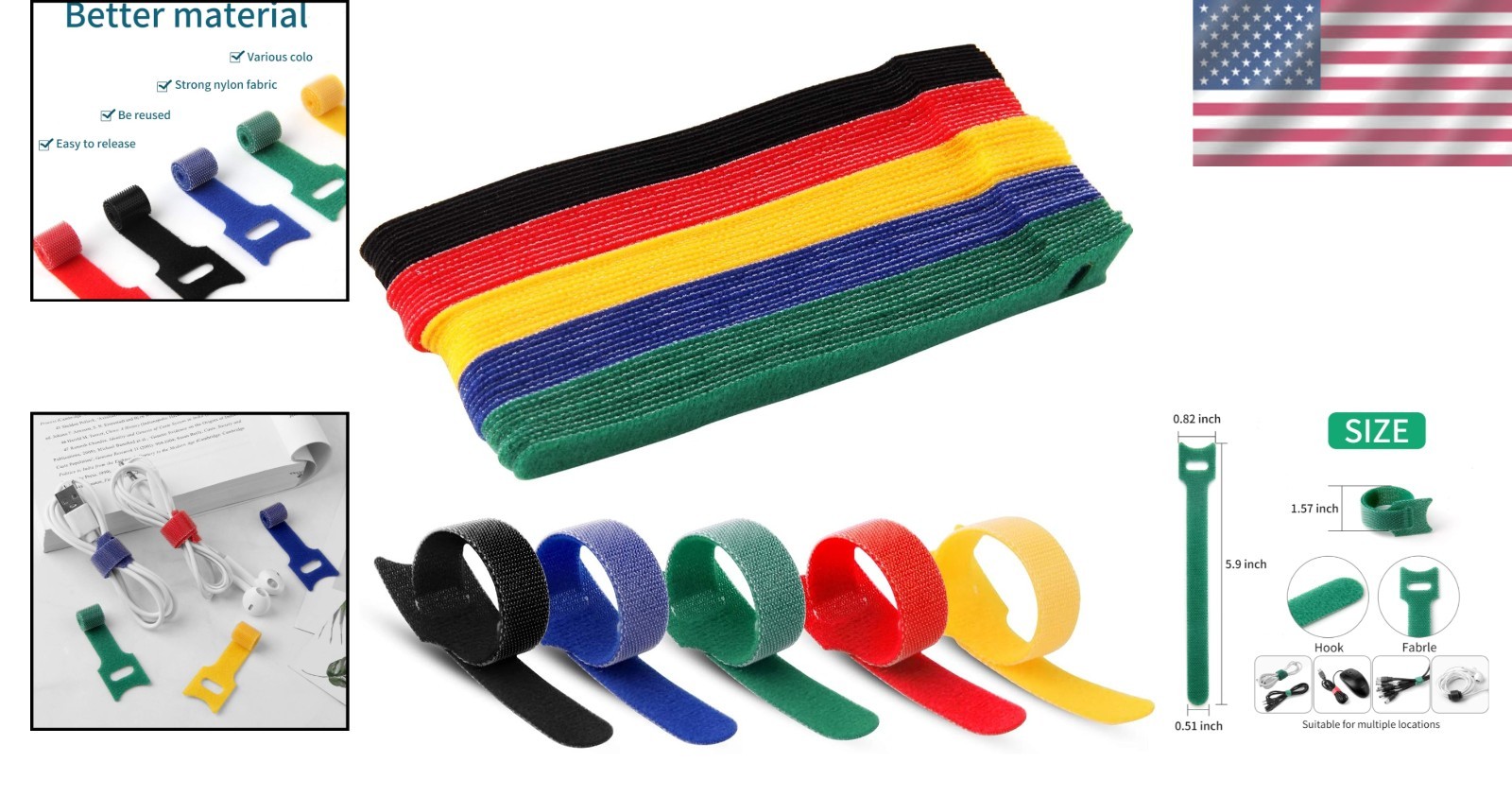 Cable Ties 6 Inch Reusable Hook Loop Fastener Strap Nylon Multicolor 50 Pack ...