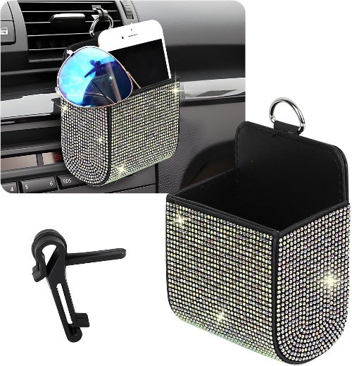 Car Vent Storage Organizer, Rhinestone Auto Air Vent Leather S Color: Colorful