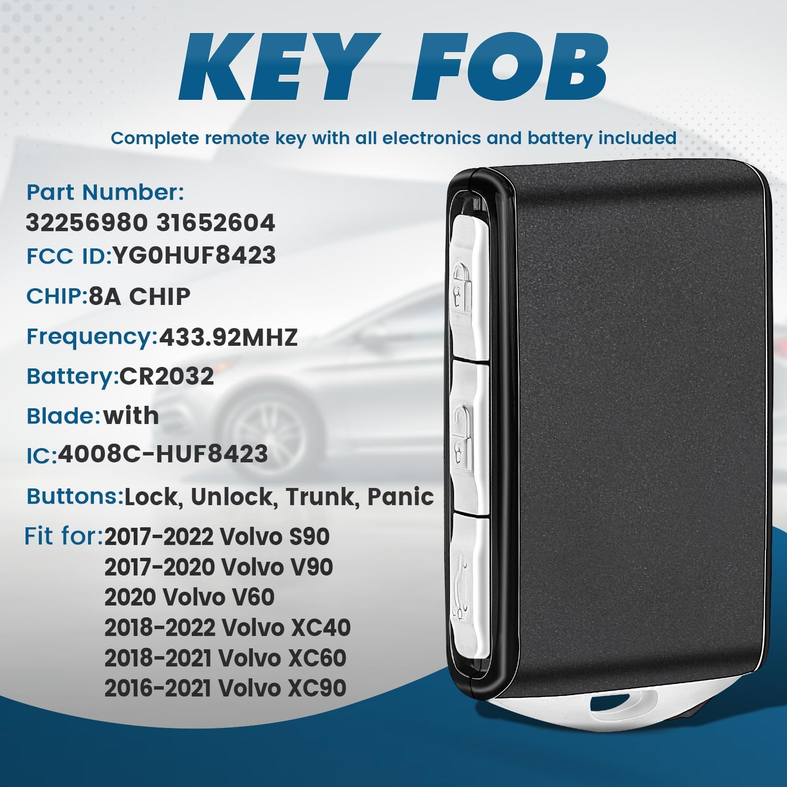 Replacement Smart Remote Car Key Fob for Volvo S90 V60 V90 XC40 XC60 XC90 2016-2