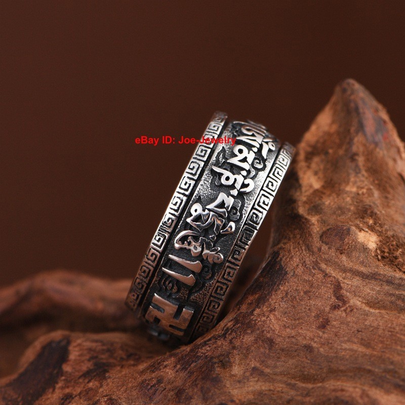 NEW Solid 925 Sterling Silver Men's Ring Buddhist Sutra Rotatable Ring Size 10