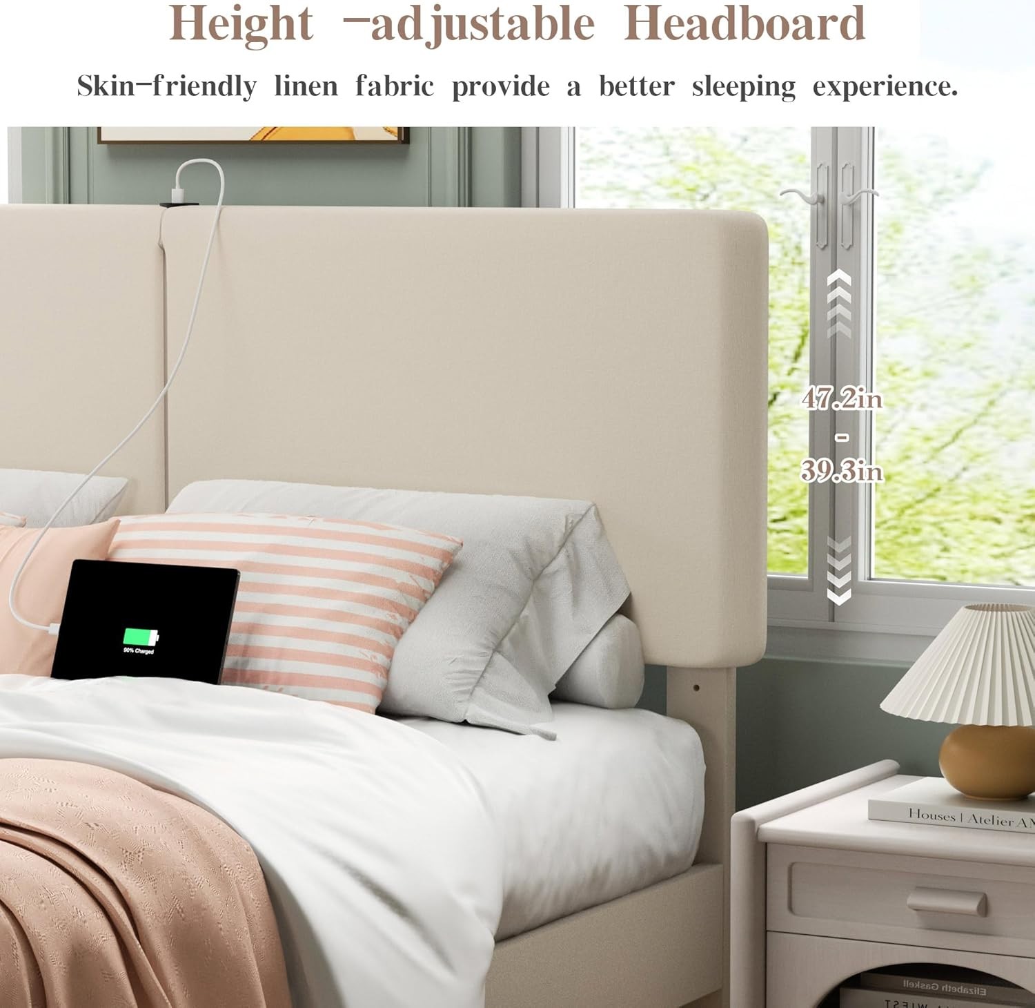 Full Bed Frame with Type-C & USB Ports, Upholstered Platform Height-Adjustble