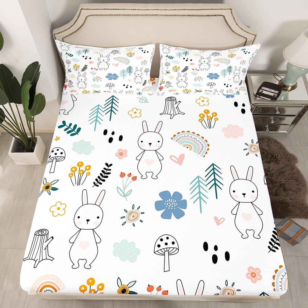 Cute Rabbit Fitted Twin Size,Cartoon Rainbow Bedding Set,Colorful Flowers Lea...