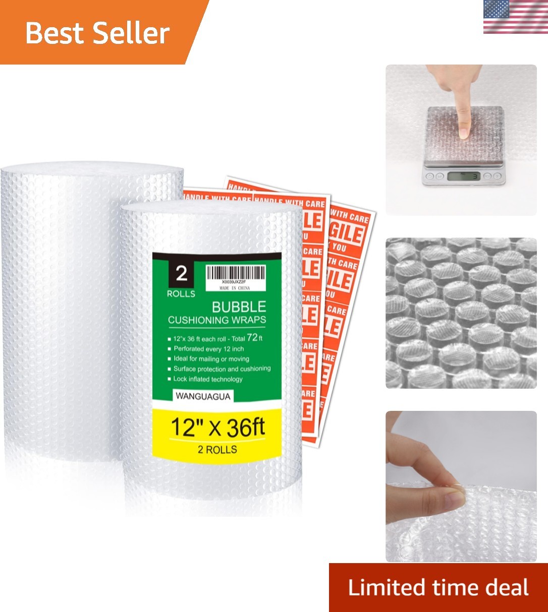 2 Pack 12 Inch x 72 ft Total Bubble Packing Wrap for Moving Boxes Shipping Cu...