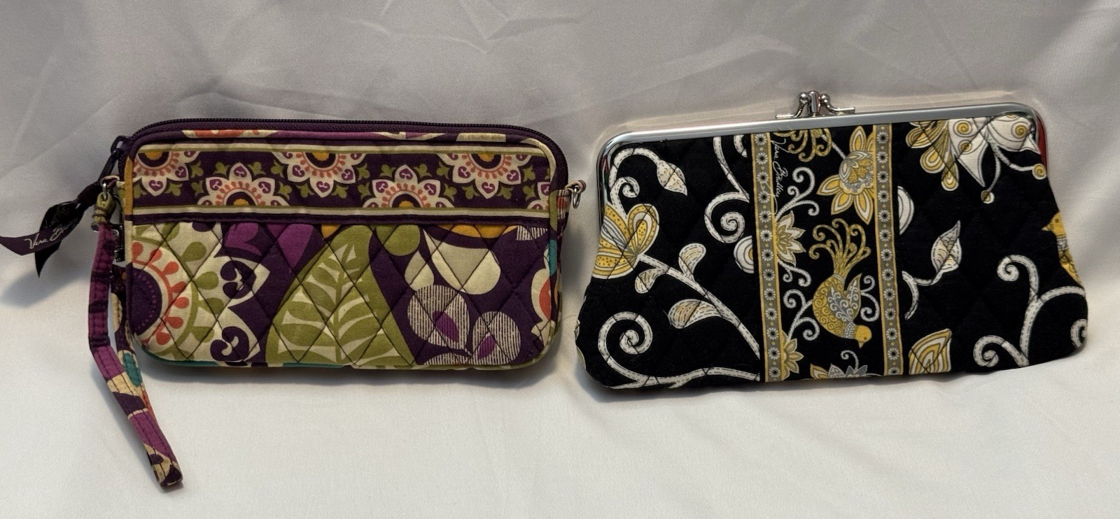 2 Vera Bradley Wallets Wristlets Plum Crazy Accordian & Yellow Black Bird Print