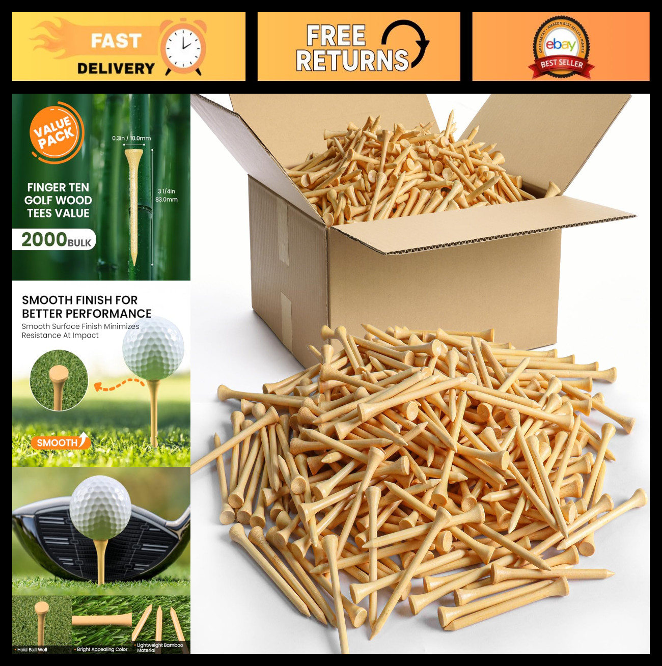 Bamboo Golf Tees Set - 1.5" 2.75" 3.25" Wooden Short Long Tees, Bulk 250/500/100
