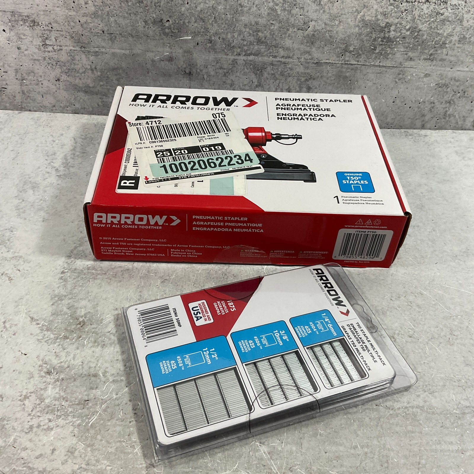 Arrow Pneumatic Stapler PT50 w/ T50 Staple Multi-Pack 1875 1/4" 3/8" 1/2"