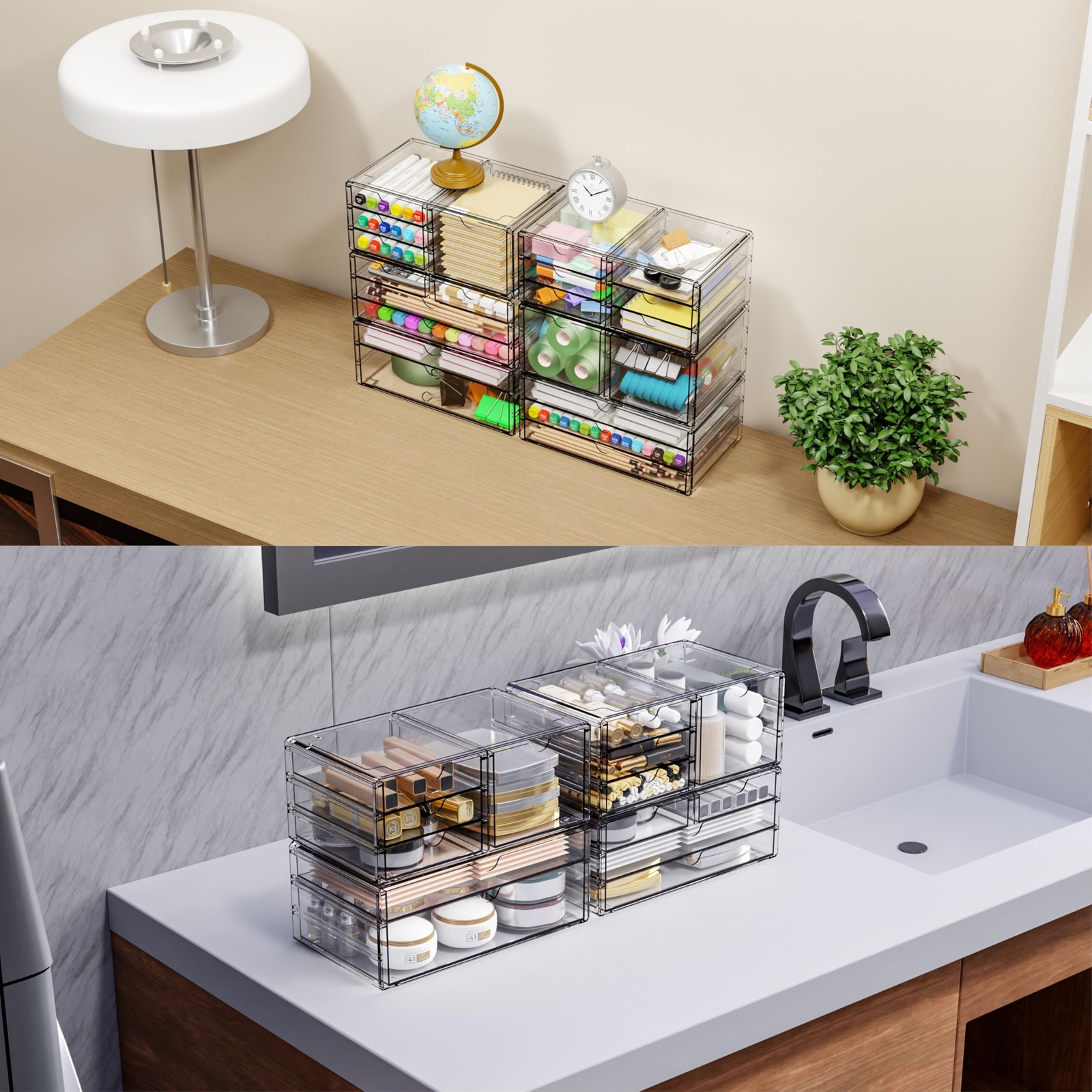 Acrylic Storage Clear Plastic 6 Drawers, Stackable Cabinet Organizer 2 Pack