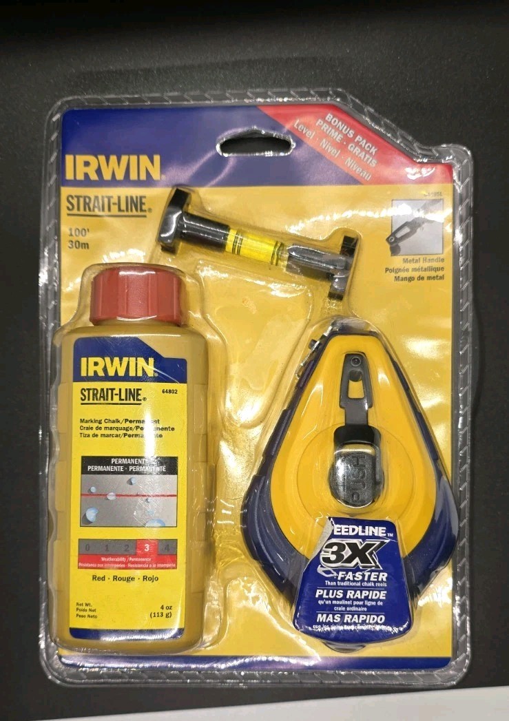Irwin Tools STRAIT-LINE Chalk Line, Classic Reel, Red Chalk, 100' Bonus Pack NOS
