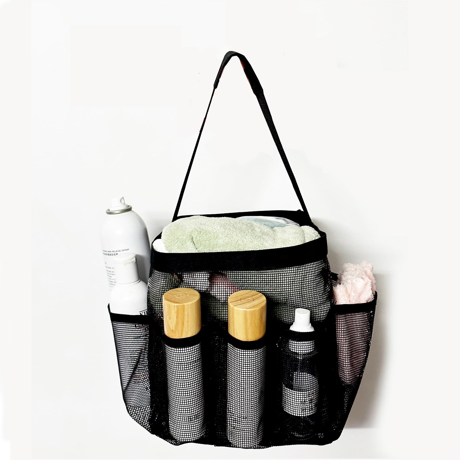 YUMMIS Mesh Shower Caddy Portable with 8 Pockets, Large Black
