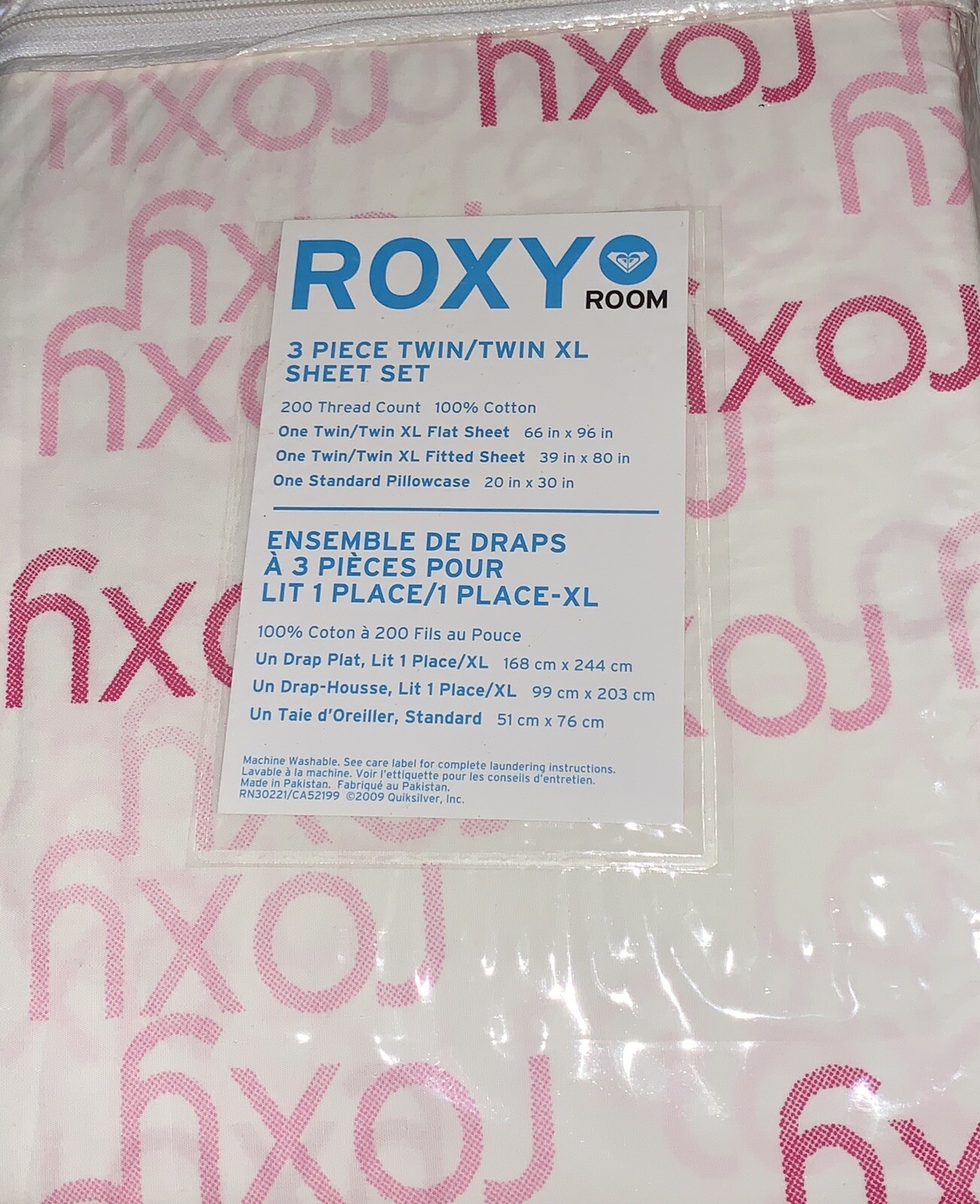 ROXY ROOM TWIN or TWIN XL SIZE SHEET SET PINKS REBEL WHITE LOGO 3 PIECE NIP 2AVA