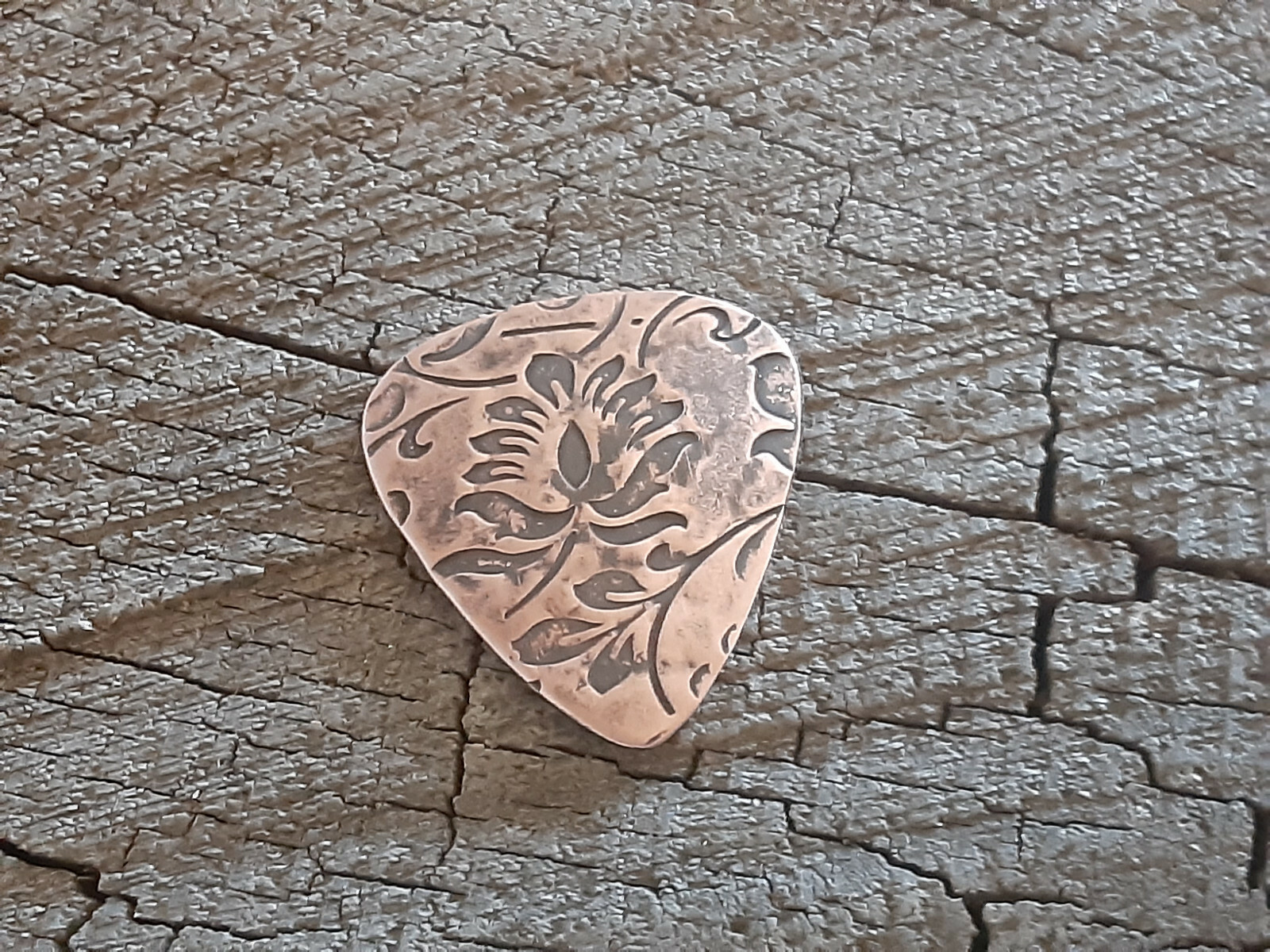 rustic copper guitar pick - playable and handmade - large floral pattern